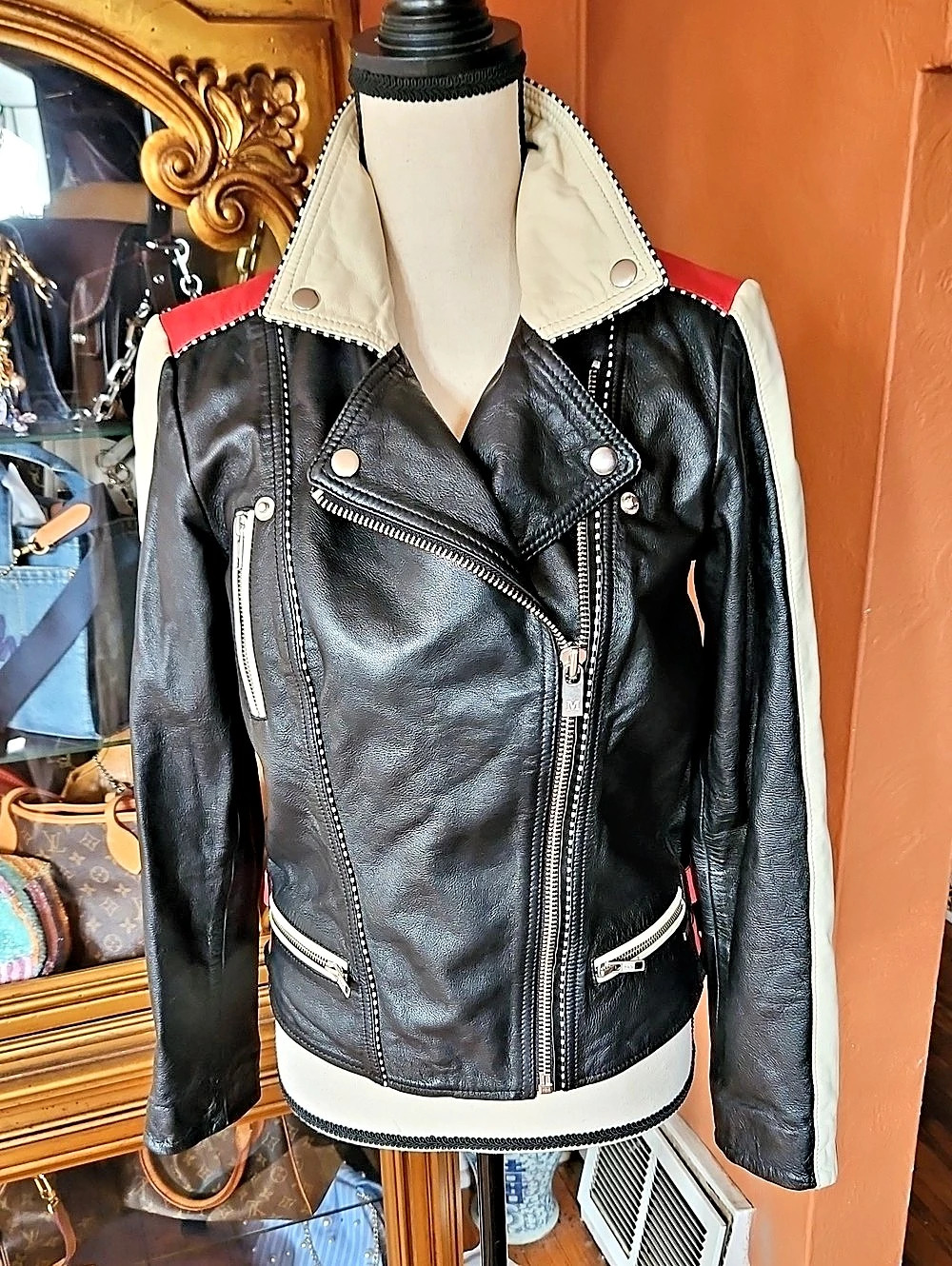 Scotch & Soda Desert Race Leather Moto Jacket in Black & Red , Cream Size Small